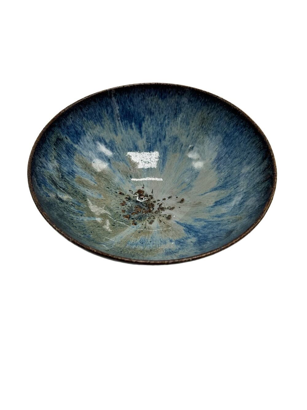 Artisan Ceramic Bowl Pinkerton Hand-Signed Speckled Glaze Blue Brown Tan 8" 3"